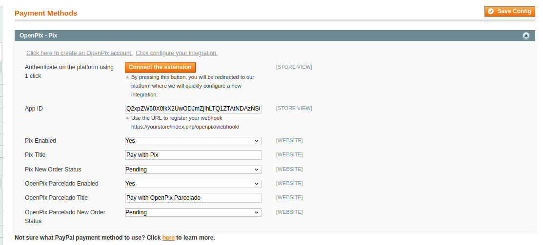 Página de configurações com o botão de conectar a extensão